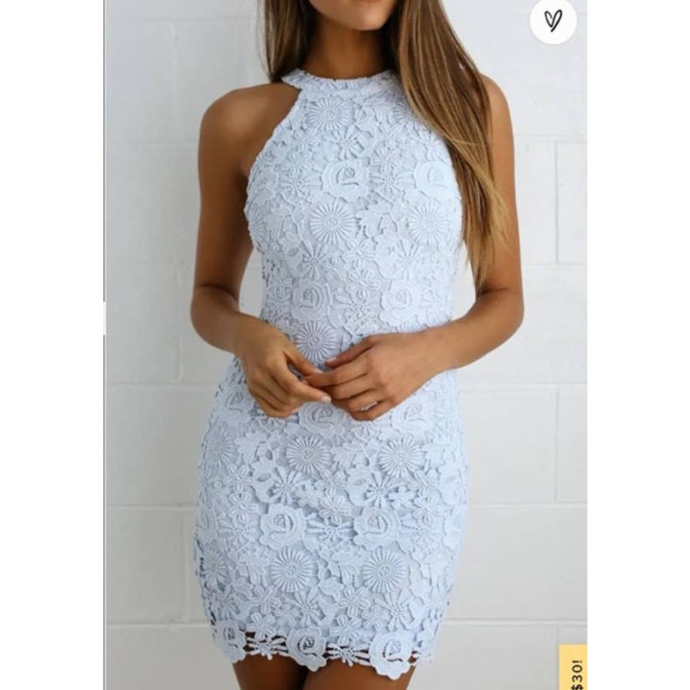 NWT Lulu's Love Poem Lace High-Neck Halter Mini Dress Pale Blue Medium